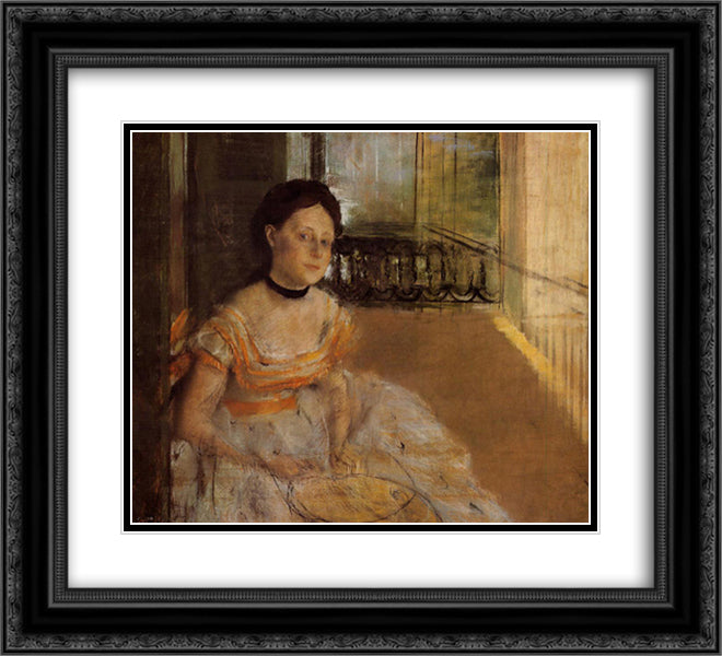 Woman Seated on a Balcony 22x20 Black Ornate Wood Framed Art Print Poster with Double Matting by Degas, Edgar