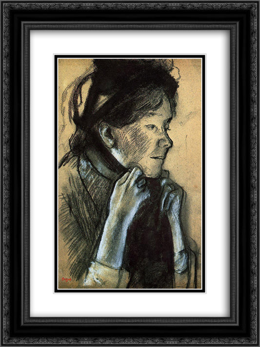 Woman Tying the Ribbons of Her Hat 18x24 Black Ornate Wood Framed Art Print Poster with Double Matting by Degas, Edgar