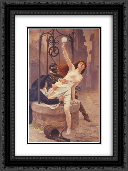 La Verite sortant du puits 18x24 Black Ornate Wood Framed Art Print Poster with Double Matting by Debat-Ponsan, Jacques