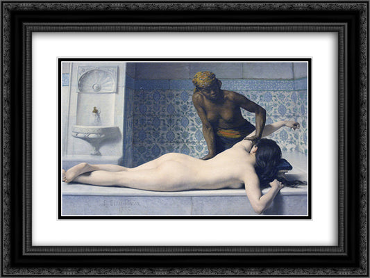 Le Massage au Hamam 24x18 Black Ornate Wood Framed Art Print Poster with Double Matting by Debat-Ponsan, Jacques