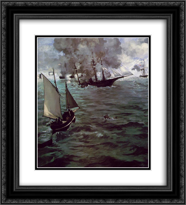 Battle of Kearsage and Alabama 20x22 Black Ornate Wood Framed Art Print Poster with Double Matting by Manet, Edouard