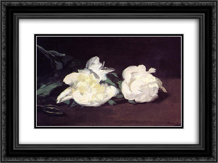 Branch of White Peonies and Secateurs 24x18 Black Ornate Wood Framed Art Print Poster with Double Matting by Manet, Edouard