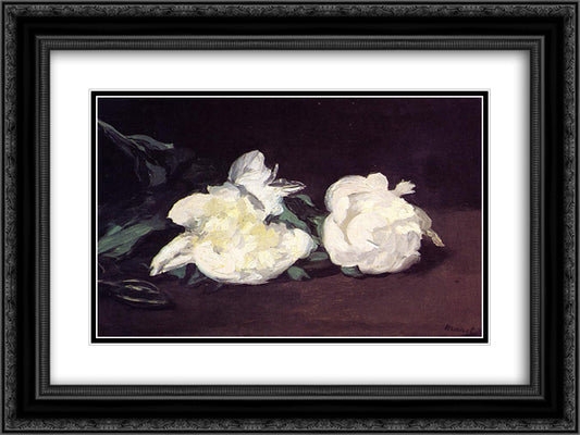 Branch of White Peonies and Secateurs 24x18 Black Ornate Wood Framed Art Print Poster with Double Matting by Manet, Edouard