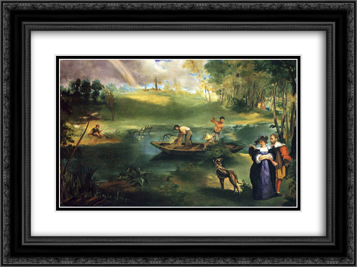 Fishing 24x18 Black Ornate Wood Framed Art Print Poster with Double Matting by Manet, Edouard