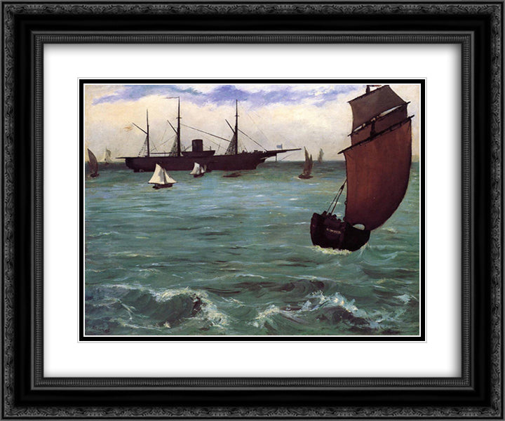 Fishing boat coming in before the wind (The Kearsarge in Boulogne) 24x20 Black Ornate Wood Framed Art Print Poster with Double Matting by Manet, Edouard