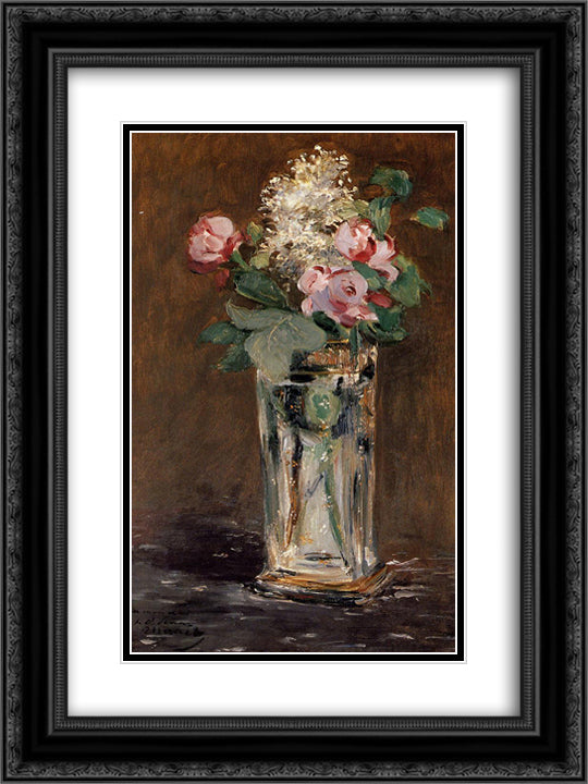 Flowers in a Crystal Vase 18x24 Black Ornate Wood Framed Art Print Poster with Double Matting by Manet, Edouard