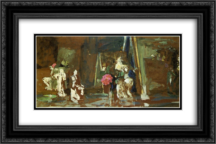 Statuettes on the Mantlepiece 24x16 Black Ornate Wood Framed Art Print Poster with Double Matting by Vuillard, Edouard