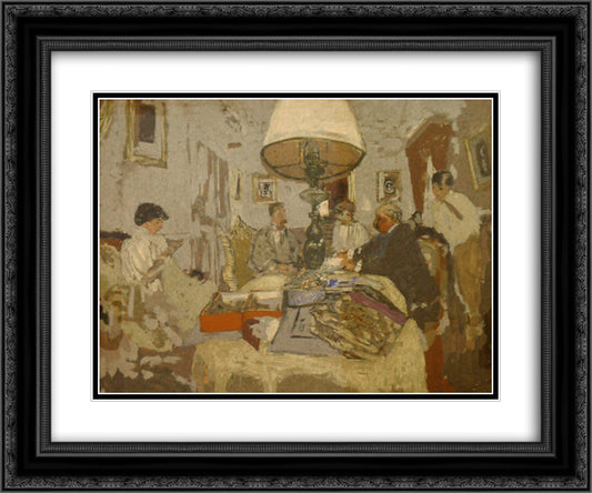 The friends around the table, St. Jacut 24x20 Black Ornate Wood Framed Art Print Poster with Double Matting by Vuillard, Edouard