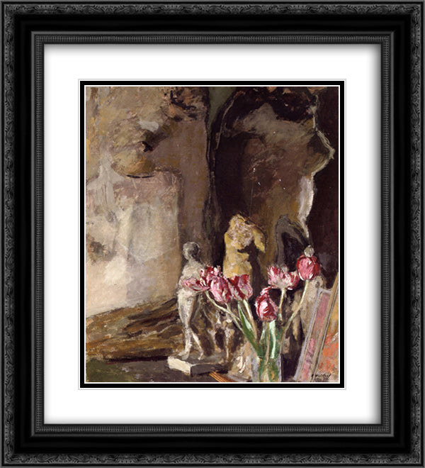 Tulips and Statuettes 20x22 Black Ornate Wood Framed Art Print Poster with Double Matting by Vuillard, Edouard