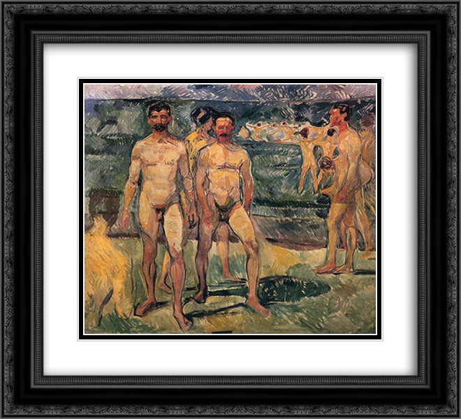 Bathing Men 22x20 Black Ornate Wood Framed Art Print Poster with Double Matting by Munch, Edvard