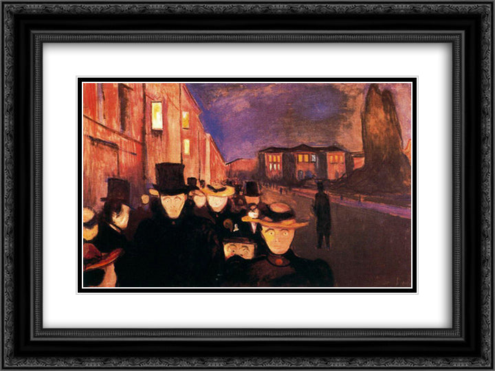 Evening on Karl Johan Street 24x18 Black Ornate Wood Framed Art Print Poster with Double Matting by Munch, Edvard