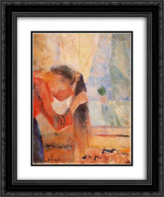 Girl Combing Her Hair 20x24 Black Ornate Wood Framed Art Print Poster with Double Matting by Munch, Edvard