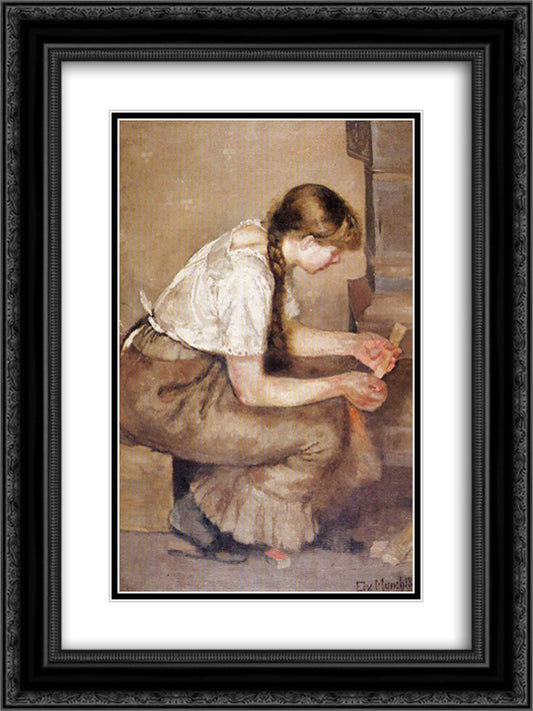 Girl Kindling a Stove 18x24 Black Ornate Wood Framed Art Print Poster with Double Matting by Munch, Edvard