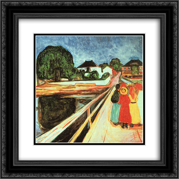 Girls on a Bridge 20x20 Black Ornate Wood Framed Art Print Poster with Double Matting by Munch, Edvard