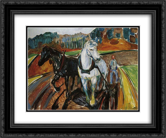 Horse Team 24x20 Black Ornate Wood Framed Art Print Poster with Double Matting by Munch, Edvard