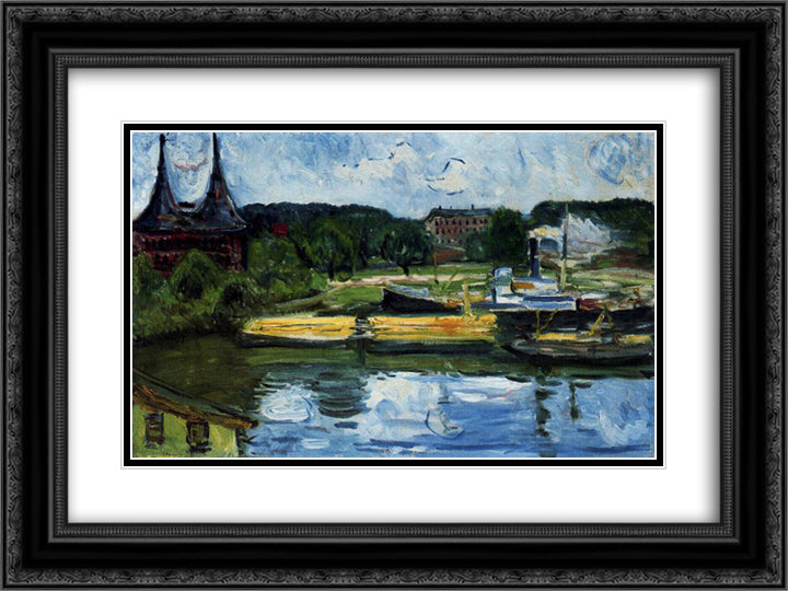 Lubeck Harbour with the Holstentor 24x18 Black Ornate Wood Framed Art Print Poster with Double Matting by Munch, Edvard