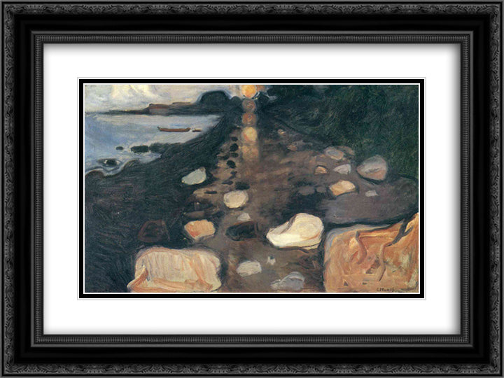 Moonlight on the Shore 24x18 Black Ornate Wood Framed Art Print Poster with Double Matting by Munch, Edvard