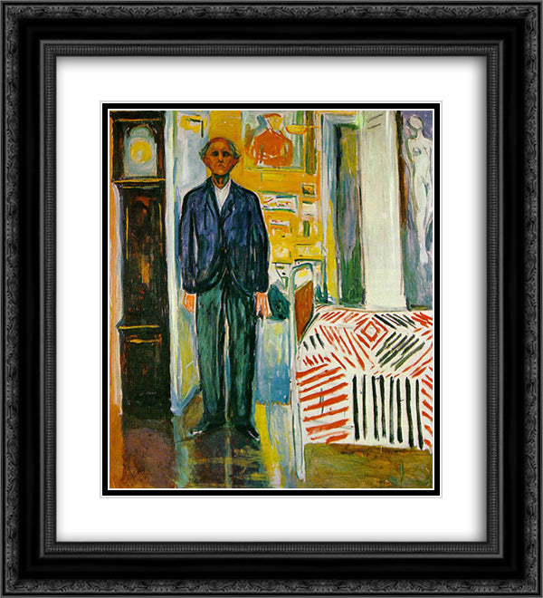 Self-portrait. Between the clock and the bed 20x22 Black Ornate Wood Framed Art Print Poster with Double Matting by Munch, Edvard