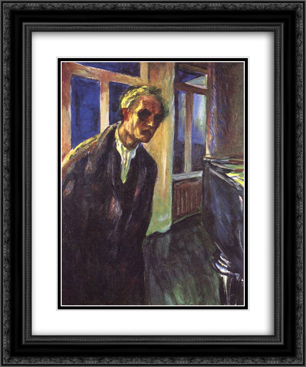 Self-portrait. The night wanderer 20x24 Black Ornate Wood Framed Art Print Poster with Double Matting by Munch, Edvard