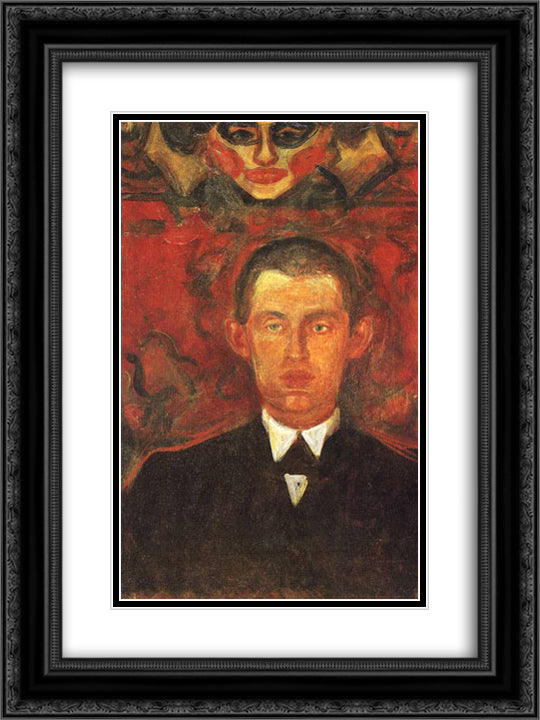 Self-Portrait Beneath Woman's Mask 18x24 Black Ornate Wood Framed Art Print Poster with Double Matting by Munch, Edvard