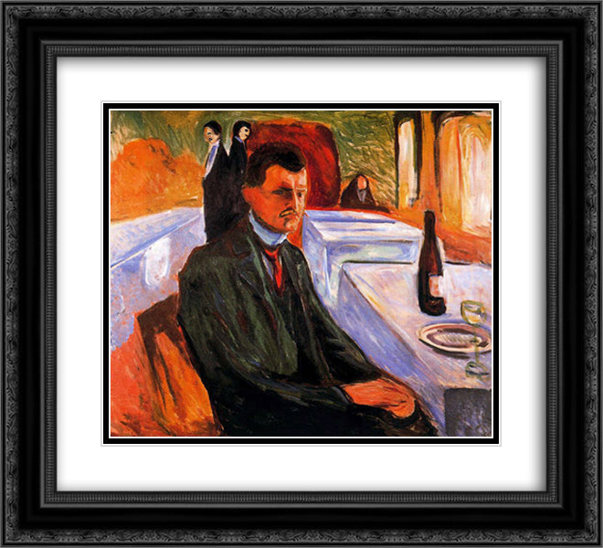 Self-portrait with bottle of wine 22x20 Black Ornate Wood Framed Art Print Poster with Double Matting by Munch, Edvard