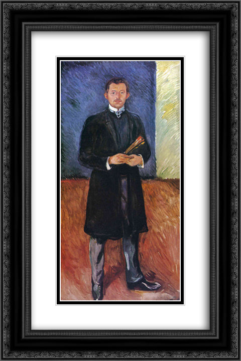 Self-Portrait with Brushes 16x24 Black Ornate Wood Framed Art Print Poster with Double Matting by Munch, Edvard