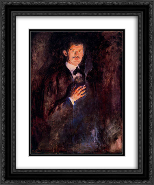 Self-Portrait with Burning Cigarette 20x24 Black Ornate Wood Framed Art Print Poster with Double Matting by Munch, Edvard