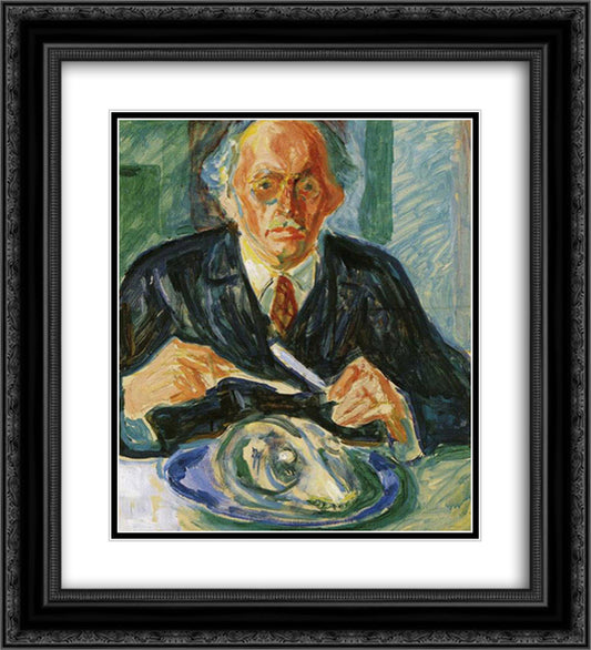 Self-Portrait with Cod's Head 20x22 Black Ornate Wood Framed Art Print Poster with Double Matting by Munch, Edvard