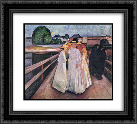 The Ladies on the Bridge 22x20 Black Ornate Wood Framed Art Print Poster with Double Matting by Munch, Edvard