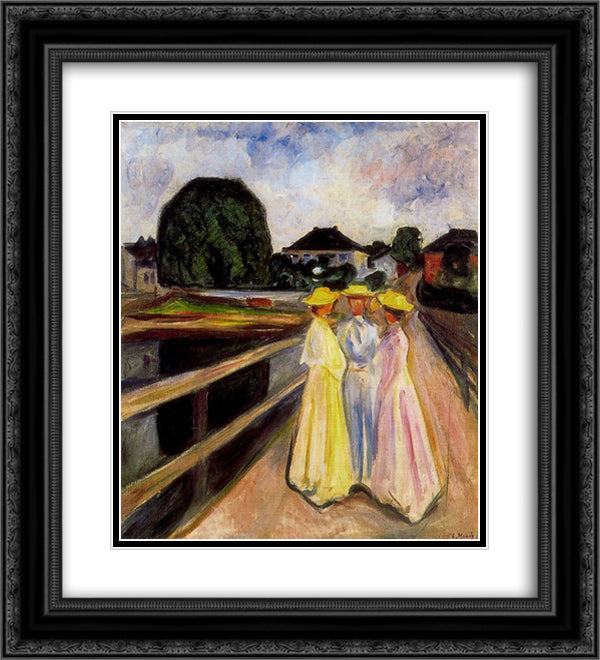 Three Girls on the Jetty 20x22 Black Ornate Wood Framed Art Print Poster with Double Matting by Munch, Edvard