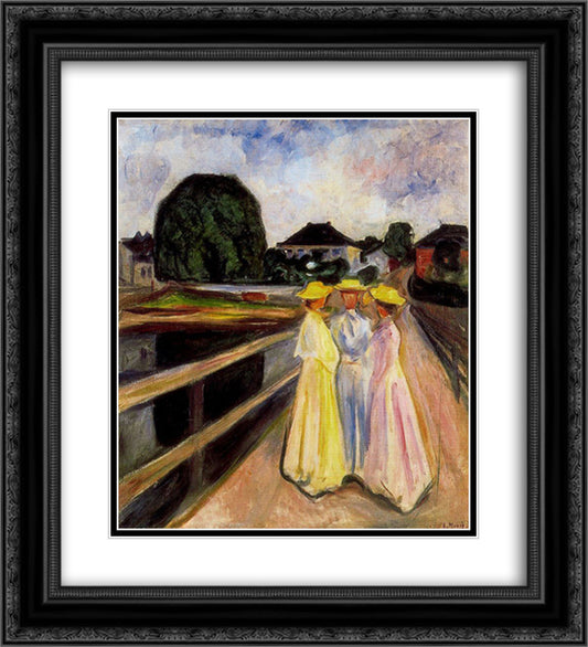 Three Girls on the Jetty 20x22 Black Ornate Wood Framed Art Print Poster with Double Matting by Munch, Edvard