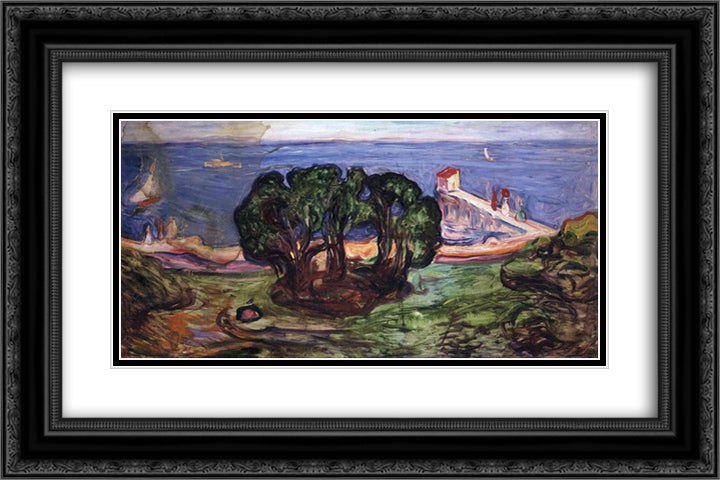 Trees on the Shore 24x16 Black Ornate Wood Framed Art Print Poster with Double Matting by Munch, Edvard