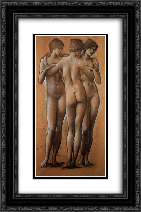 The Three Graces 16x24 Black Ornate Wood Framed Art Print Poster with Double Matting by Burne Jones, Edward