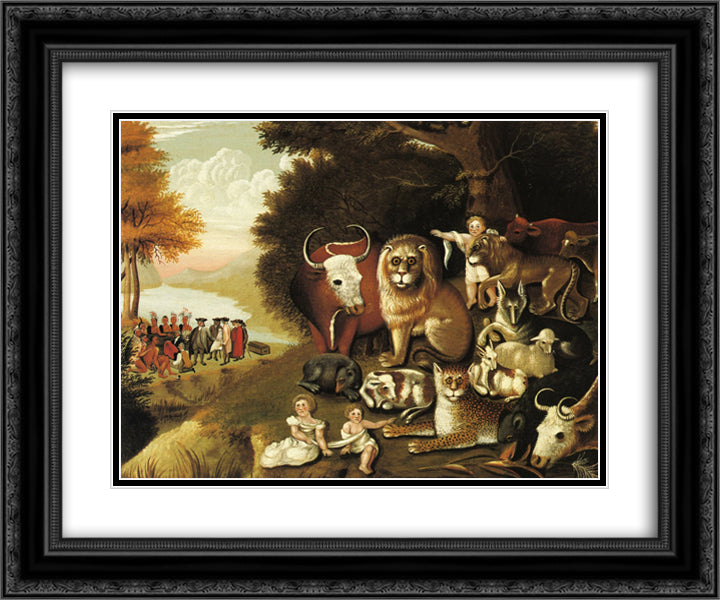 A Peaceable Kingdom 24x20 Black Ornate Wood Framed Art Print Poster with Double Matting by Hicks, Edward