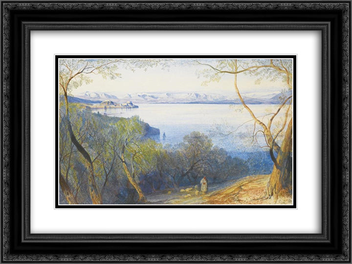 A distant view of the Citadel, Corfu 24x18 Black Ornate Wood Framed Art Print Poster with Double Matting by Lear, Edward