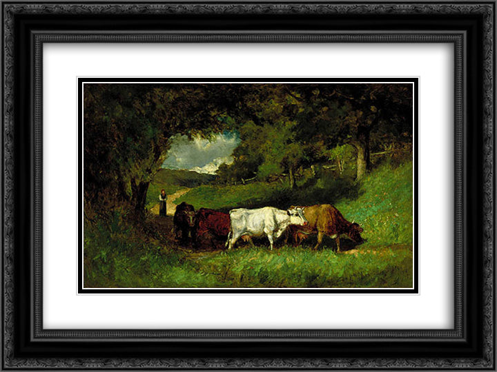 Driving Home the Cows 24x18 Black Ornate Wood Framed Art Print Poster with Double Matting by Bannister, Edward Mitchell