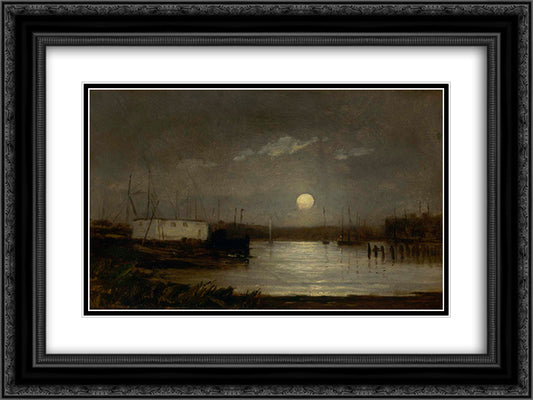 Untitled (Moon Over a Harbor) 24x18 Black Ornate Wood Framed Art Print Poster with Double Matting by Bannister, Edward Mitchell