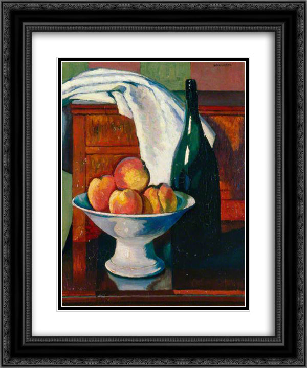 Still Life with Fruit and a Bottle 20x24 Black Ornate Wood Framed Art Print Poster with Double Matting by Wadsworth, Edward