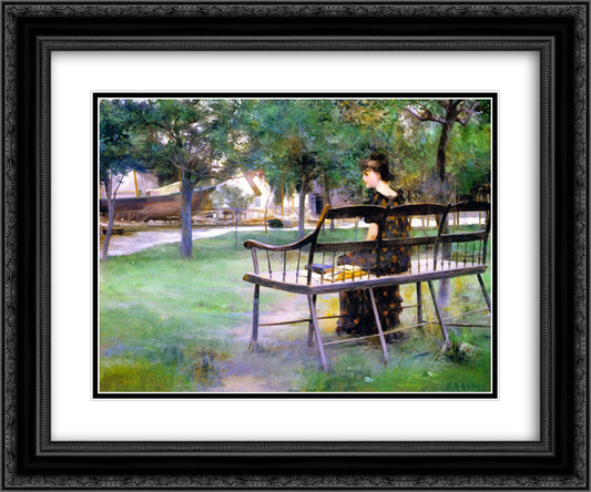 Woman on a Bench 24x20 Black Ornate Wood Framed Art Print Poster with Double Matting by Abbey, Edwin Austin