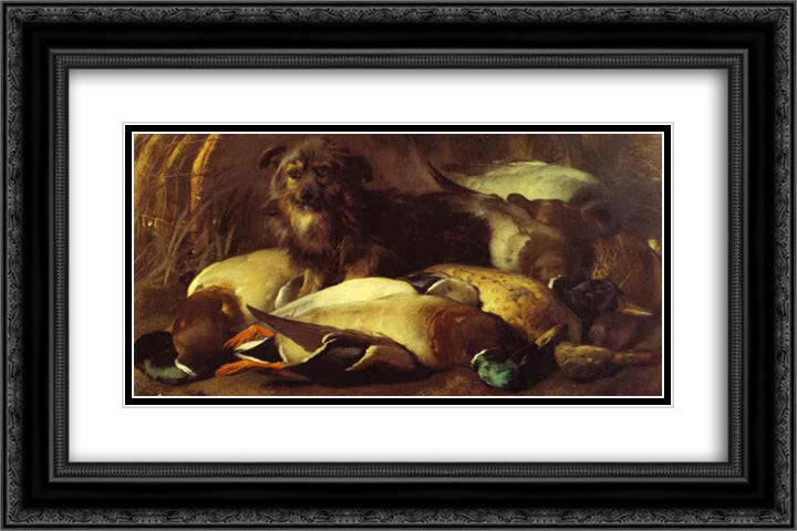 Decoyman's Dog and Duck 24x16 Black Ornate Wood Framed Art Print Poster with Double Matting by Landseer, Edwin Henry