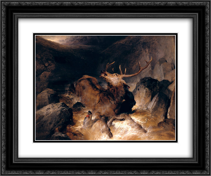 Deer and Deer Hounds in a Mountain Torrent 24x20 Black Ornate Wood Framed Art Print Poster with Double Matting by Landseer, Edwin Henry