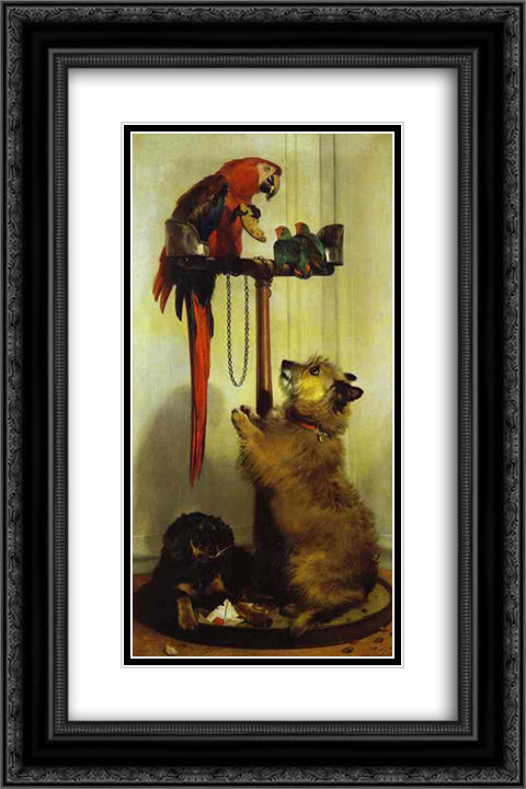 Macaw, Love Birds, Terrier, and Spaniel Puppies, Belonging to Her Majesty 16x24 Black Ornate Wood Framed Art Print Poster with Double Matting by Landseer, Edwin Henry