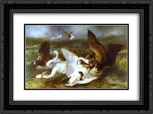 Swannery Invaded by Eagles 24x18 Black Ornate Wood Framed Art Print Poster with Double Matting by Landseer, Edwin Henry