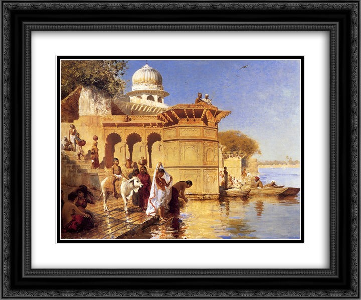 Along the Ghats, Mathura 24x20 Black Ornate Wood Framed Art Print Poster with Double Matting by Weeks, Edwin Lord