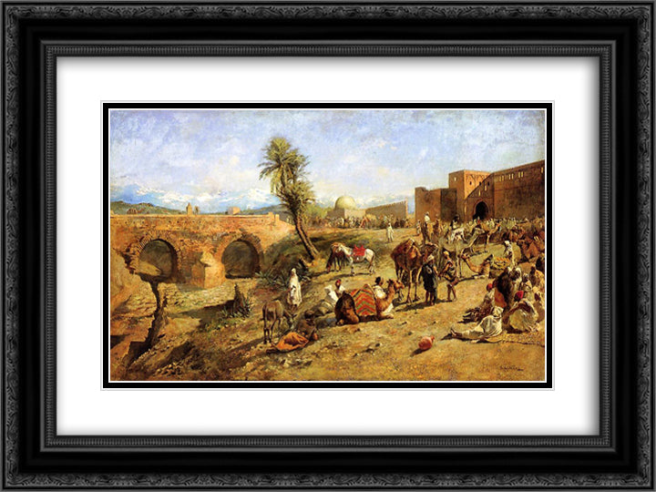 Arrival of a Caravan Outside The City of Morocco 24x18 Black Ornate Wood Framed Art Print Poster with Double Matting by Weeks, Edwin Lord