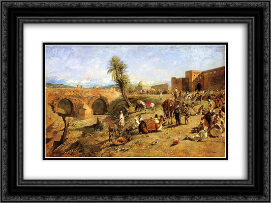 Arrival of a Caravan Outside The City of Morocco 24x18 Black Ornate Wood Framed Art Print Poster with Double Matting by Weeks, Edwin Lord