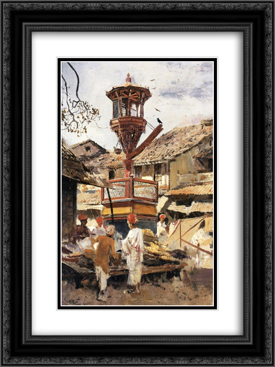 Birdhouse and Market Ahmedabad, India 18x24 Black Ornate Wood Framed Art Print Poster with Double Matting by Weeks, Edwin Lord