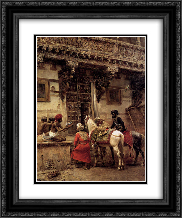 Craftsman Selling Cases By A Teak Wood Building, Ahmedabad 20x24 Black Ornate Wood Framed Art Print Poster with Double Matting by Weeks, Edwin Lord