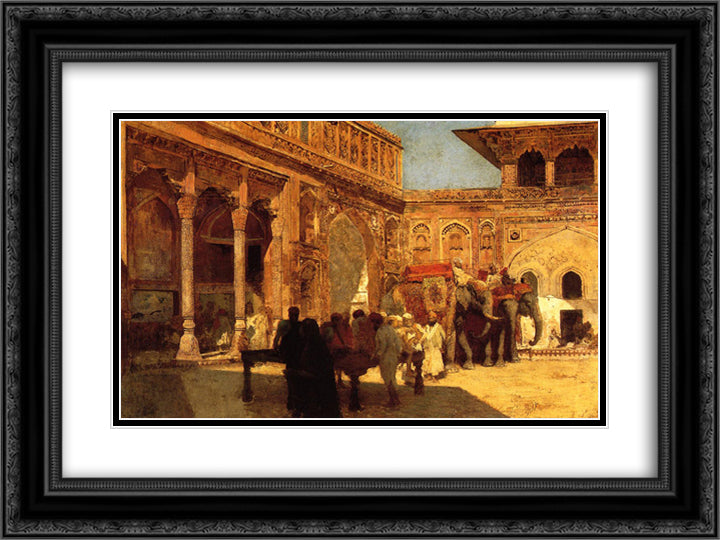 Elephants and Figures in a Courtyard, Fort Agra 24x18 Black Ornate Wood Framed Art Print Poster with Double Matting by Weeks, Edwin Lord