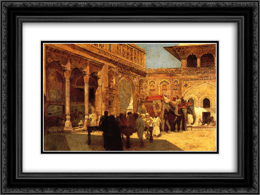 Elephants and Figures in a Courtyard, Fort Agra 24x18 Black Ornate Wood Framed Art Print Poster with Double Matting by Weeks, Edwin Lord